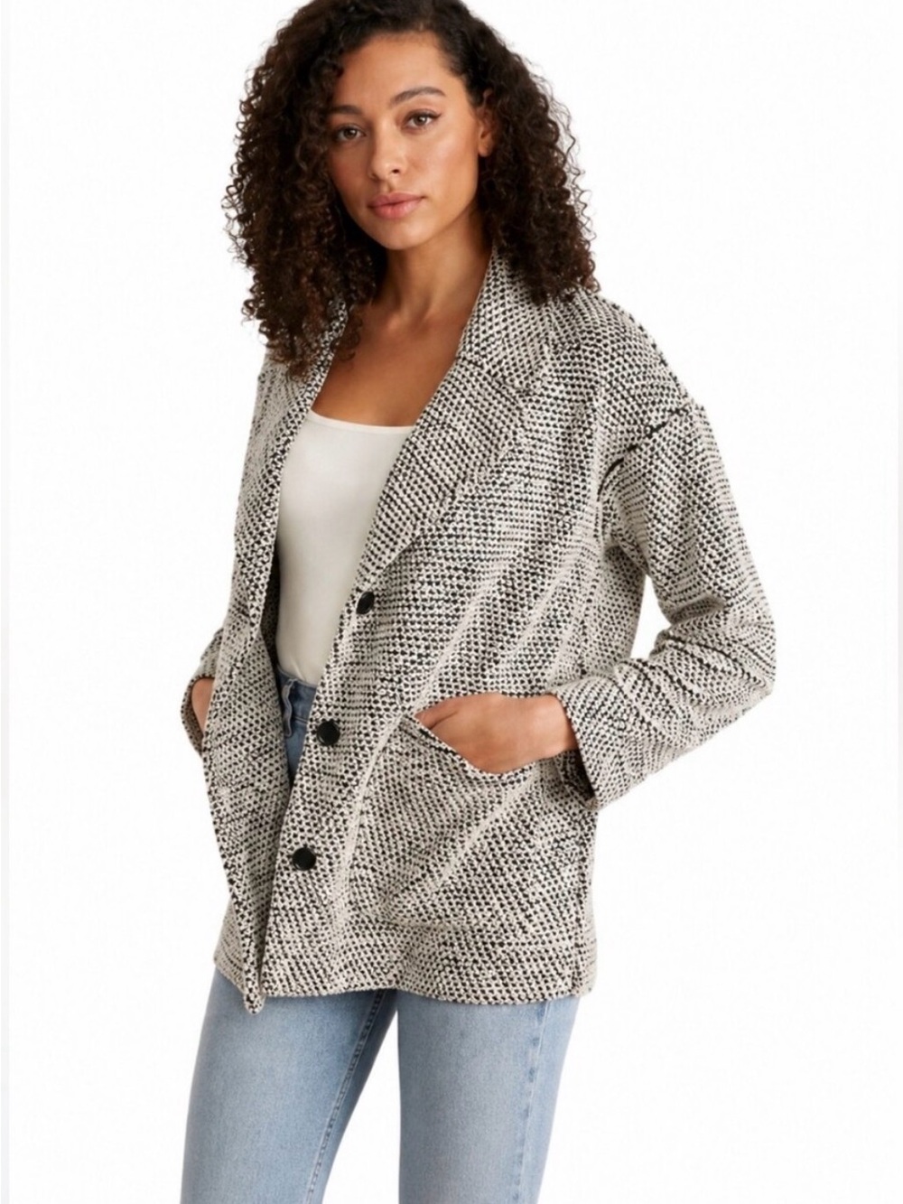 Marine Layer Black-and-White Textured Open Blazer